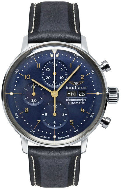 Herrenarmbanduhr mit blauem Zifferblatt, Chronographen-Design und schwarzem Lederarmband