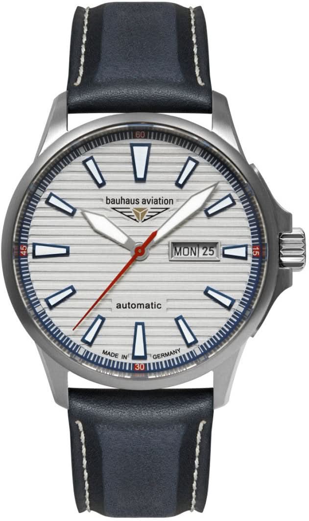 Herrenarmbanduhr mit Titangehäuse, schwarzem Lederband und blau markiertem Zifferblatt