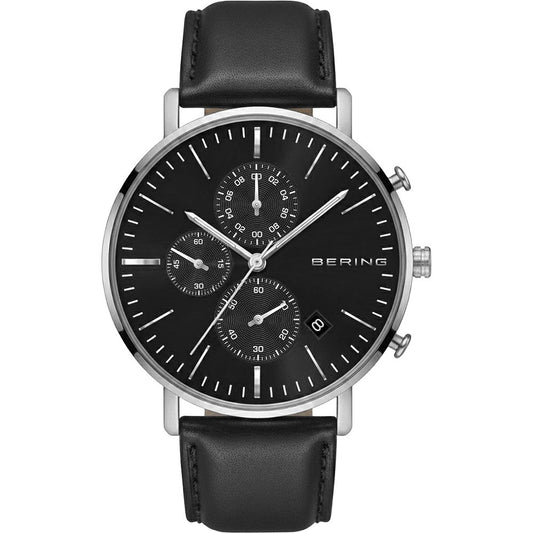 Bering Classic Herrenuhr mit schwarzem Lederarmband, silbernem Gehäuse und schwarzem Zifferblatt