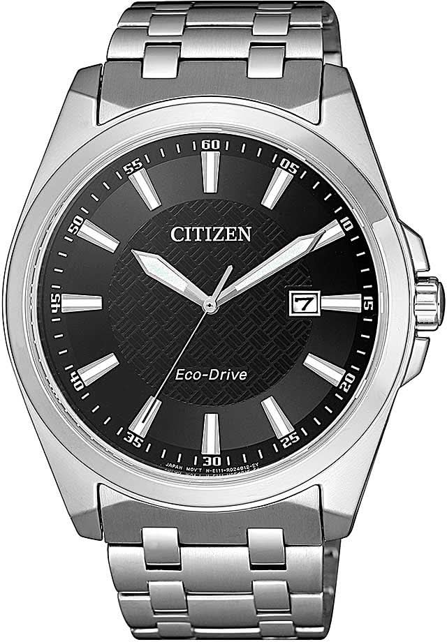 Stålarmbandsur med svart urtavla, CITIZEN-logotyp, Eco-Drive och datumfönster