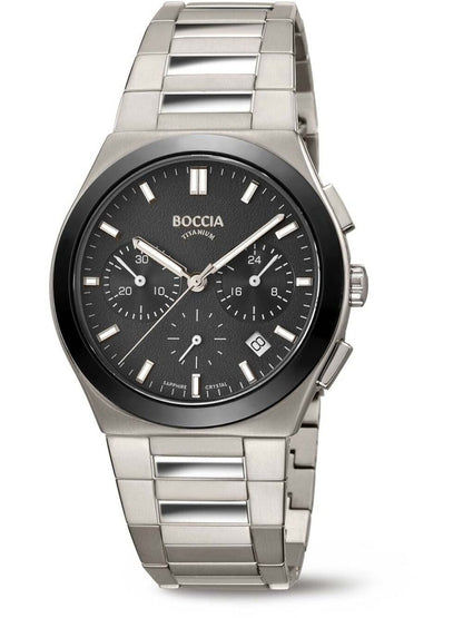 Herren-Chronographenarmbanduhr Boccia mit Titanband, schwarzem Zifferblatt, Saphirglas