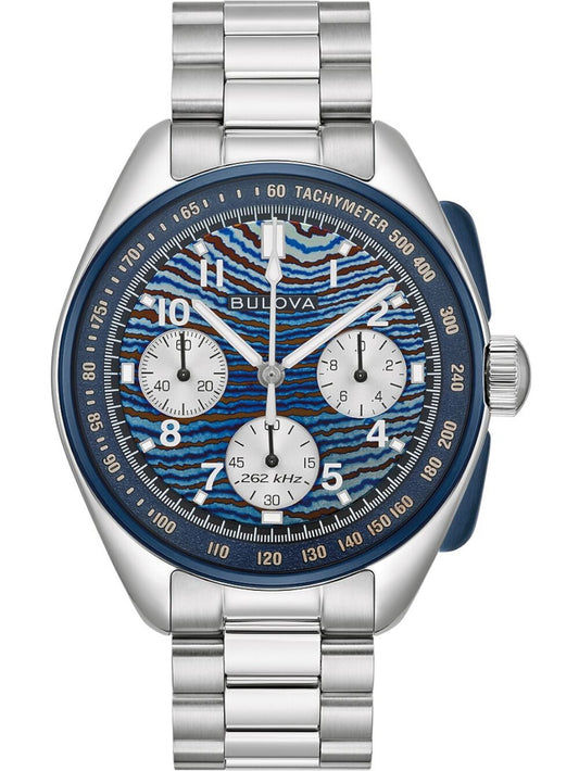 Zegarek męski Bulova z niebieską tarczą chronografu, tachymetrem i metalową bransoletą