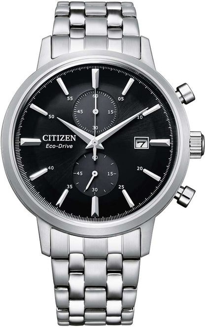 Herrenarmbanduhr Citizen mit Chronograph-Zifferblatt, schwarzem Dial und Metallband