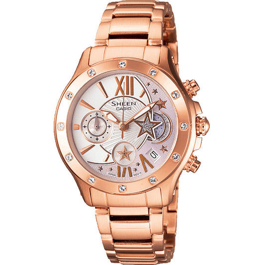 Casio Sheen Chronograph-Damenuhr mit roségoldfarbenem Edelstahlarmband, Saphirglas und Sterndetails