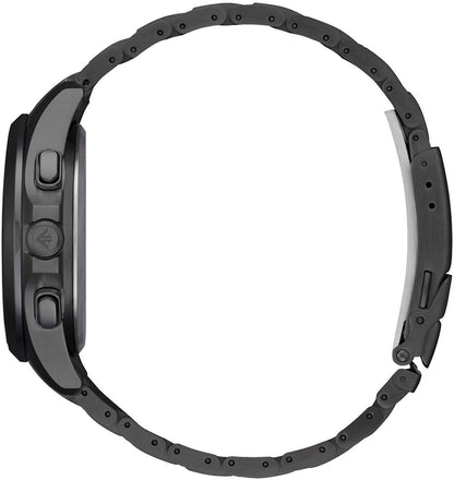 Herrenuhr-Rückseite mit schwarzem Gehäuse und schwarzem Armband mit perforierten Ösen