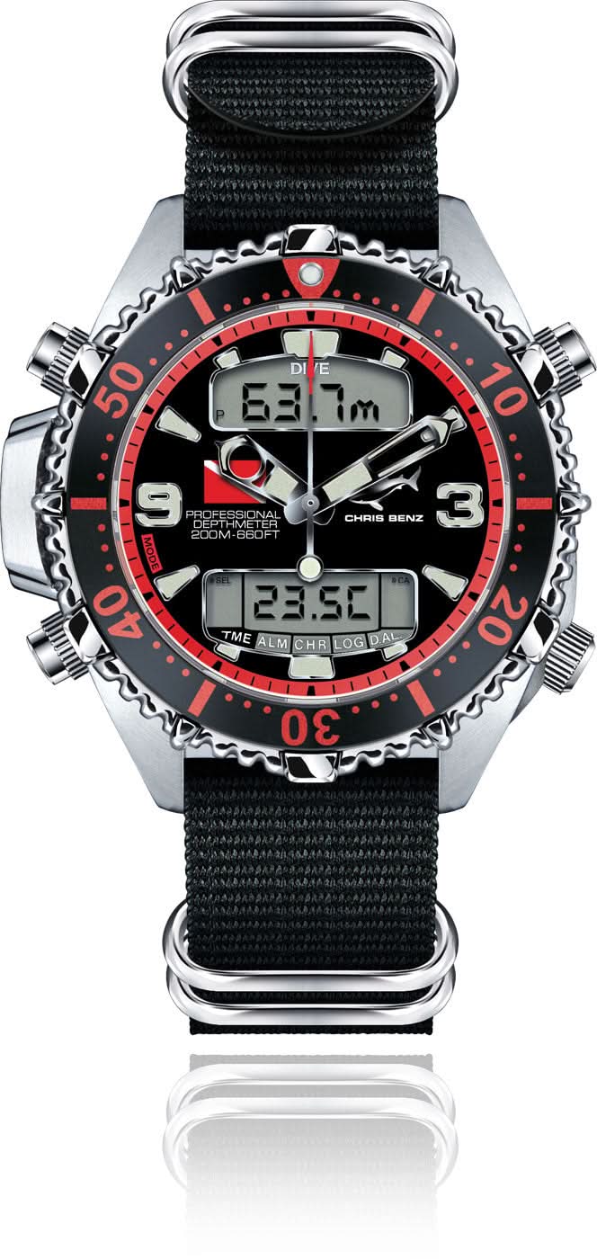 Chris Benz Depthmeter Digital CB-D200X-R-NBS Uhr • 200m Wasserdicht • Digitaler Tiefenmesser