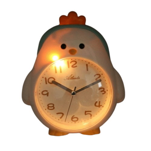 Kinderwecker Pinguin mit Beleuchtung, hell leuchtendes Ziffernblatt in orangefarbener Front