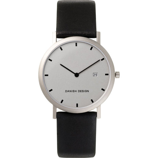 Danish Design Damenuhr mit rundem silbernem Gehäuse, schwarzem Lederarmband und schwarzem Index.