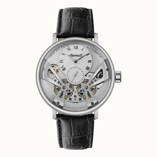Ingersoll Herren-Armbanduhr mit silbernem Gehäuse, schwarzem Lederband und Skelettzifferblatt