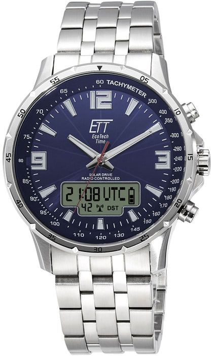 Herrenarmbanduhr, silbernes Edelstahlband, blaues Zifferblatt mit Digitaldisplay