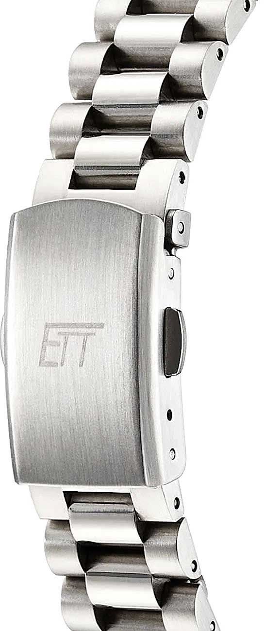 Damen-Uhr: Edelstahlgehäuse mit seitlichen Bedienelementen und Gliederarmband