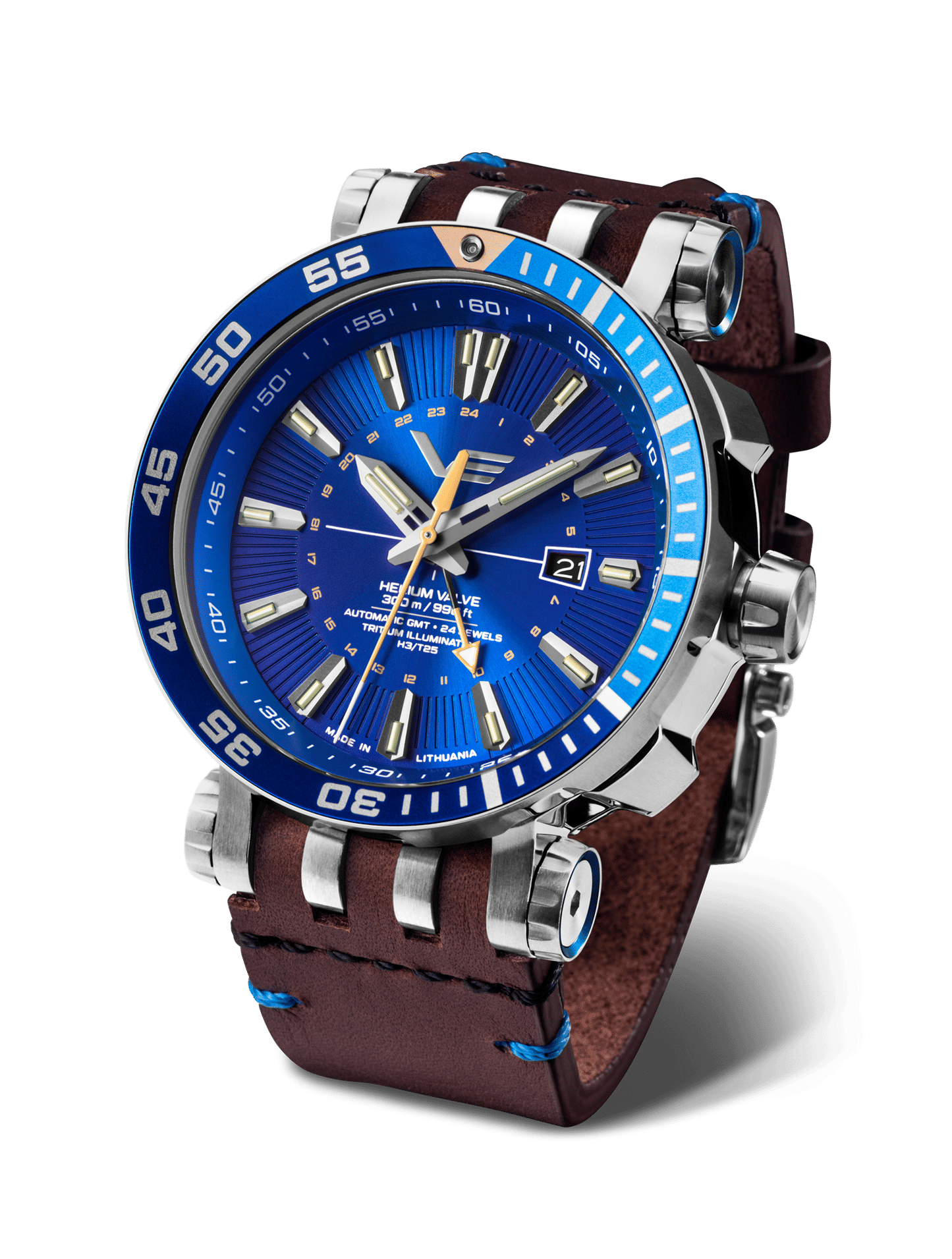Vostok Europe herrklocka med blå urtavla, GMT och brunt läderarmband