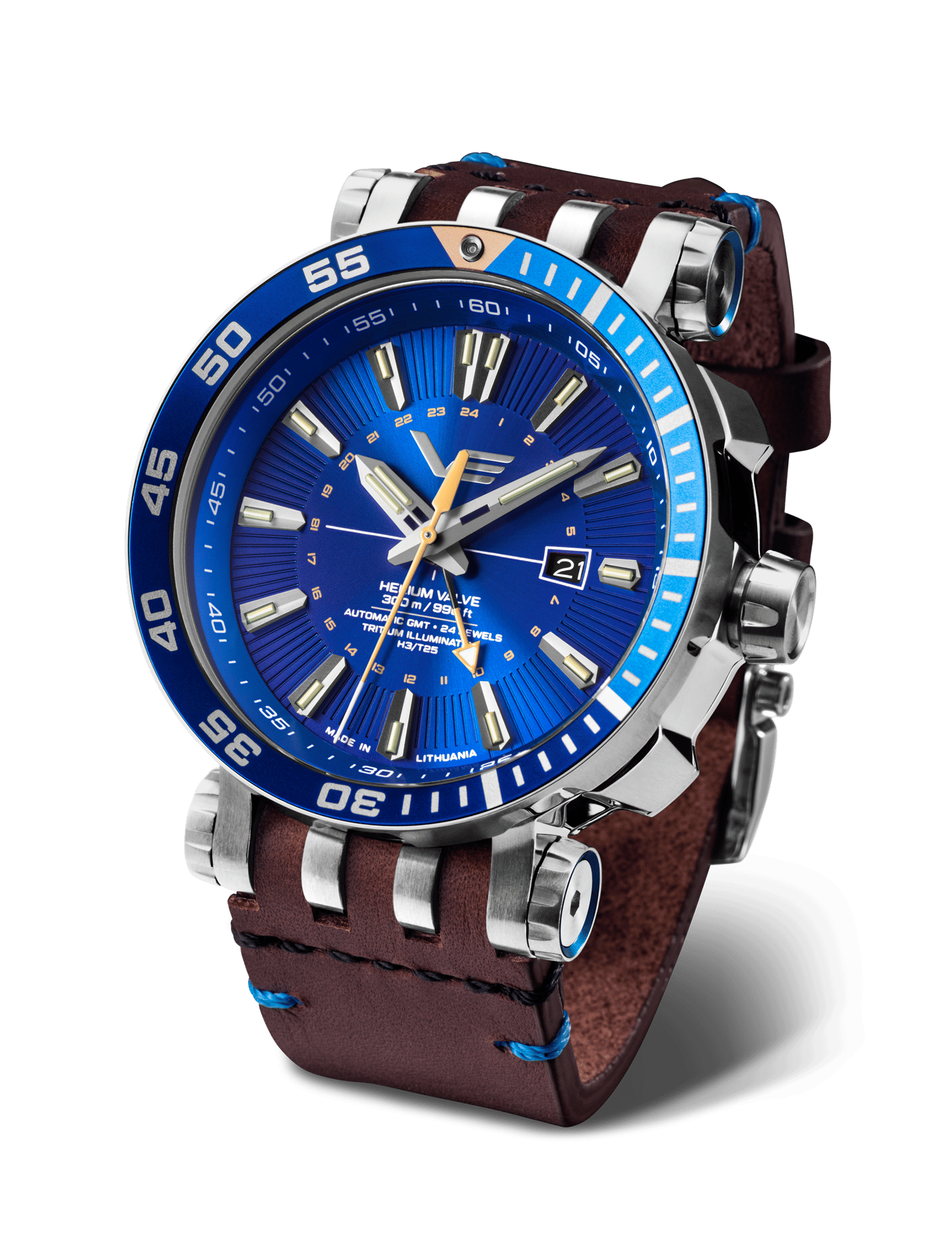 Vostok Europe herrklocka med blå urtavla, GMT och brunt läderarmband