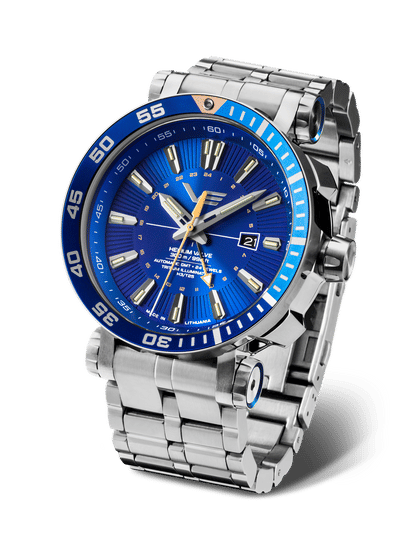 Vostok Europe herrklocka med blå urtavla, GMT och armband i rostfritt stål