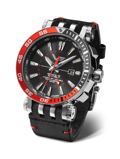 Vostok Europe herrklocka med svart urtavla, röd boettring och svart armband