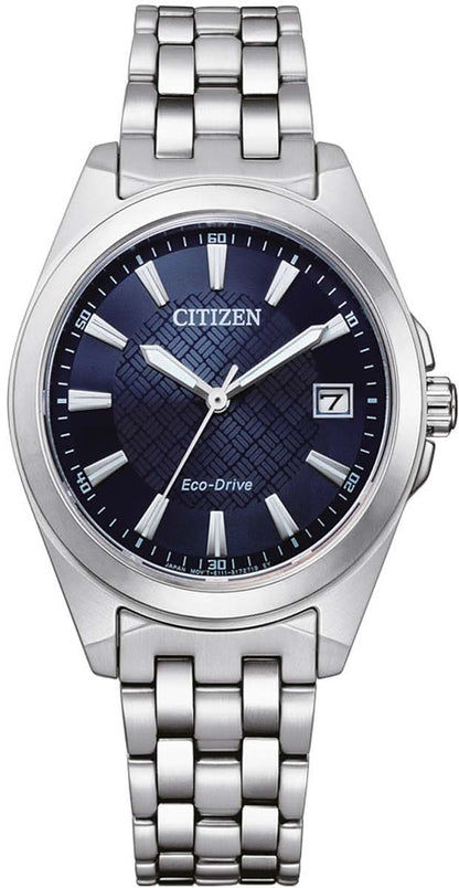 Damenuhr mit blauem Zifferblatt und Edelstahlband, Eco-Drive, runde Lünette