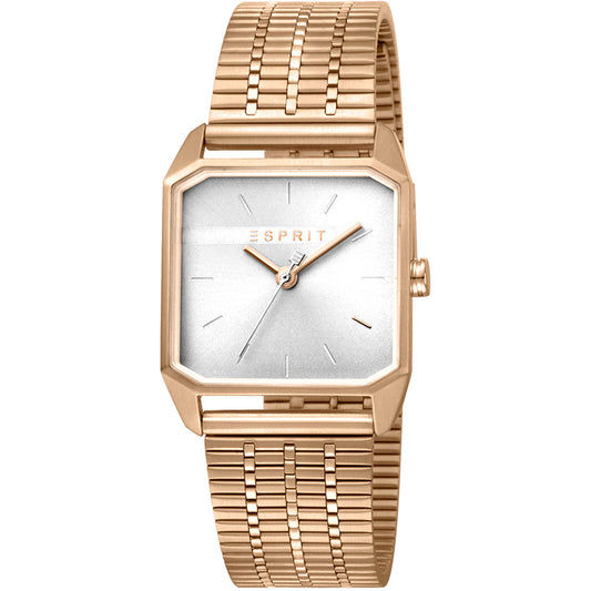Esprit Cube Armbanduhr, roségoldfarbenes Edelstahlgehäuse mit Metallarmband und weißem Zifferblatt