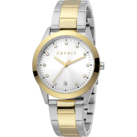 Esprit Daphne Crystals Damenarmbanduhr, Zwei-Ton Metallband mit Kristallbesatz, weißes Zifferblatt