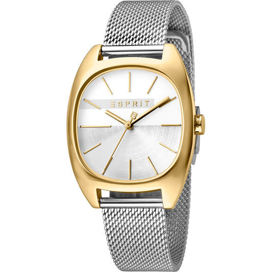 Esprit Damen-Quarzuhr: bicolor Edelstahl-Mesharmband, weißes Zifferblatt, goldene Zeiger