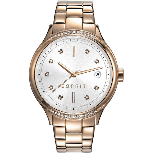 Damenarmbanduhr in Roségold mit rundem weißem Zifferblatt, Datumsanzeige und Steinlünette