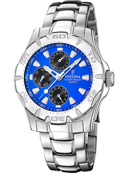 Herrenarmbanduhr Festina mit blauem Zifferblatt, Chronograph-Design und Metallarmband