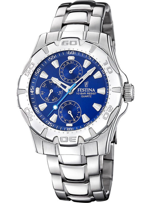 Festina Herrenarmbanduhr mit blauem Zifferblatt, Mineralglas und Edelstahlarmband