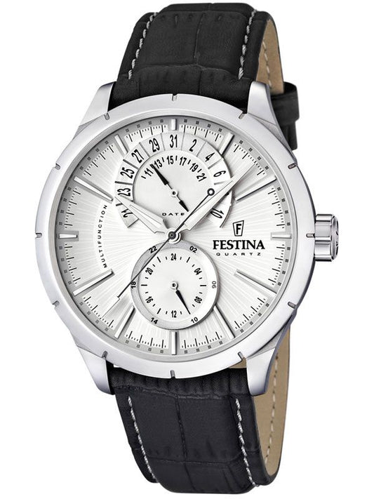 Festina Herrenuhr mit schwarzem Lederband, silbernem Gehäuse und weißem Zifferblatt