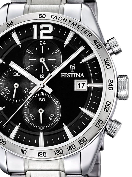 Herrenuhr mit schwarzem Zifferblatt, Chronographen-Subdials und Edelstahlarmband