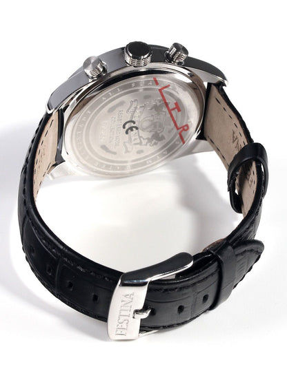 Festina Herrenuhr: Rückseite am Gehäuse mit schwarzem Lederarmband