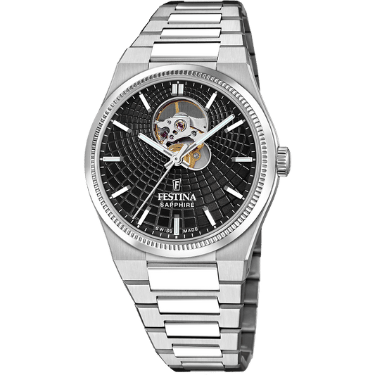Herrenuhr mit silbernem Edelstahlarmband, schwarzem Zifferblatt und skelettiertem Werk
