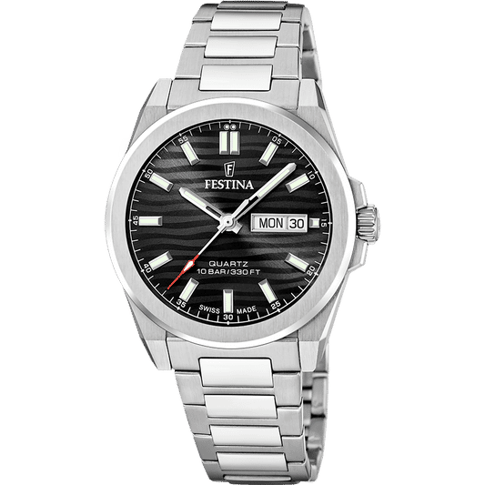 Festina Herrenuhr mit Edelstahlarmband, schwarzem Zifferblatt und Datumsanzeige