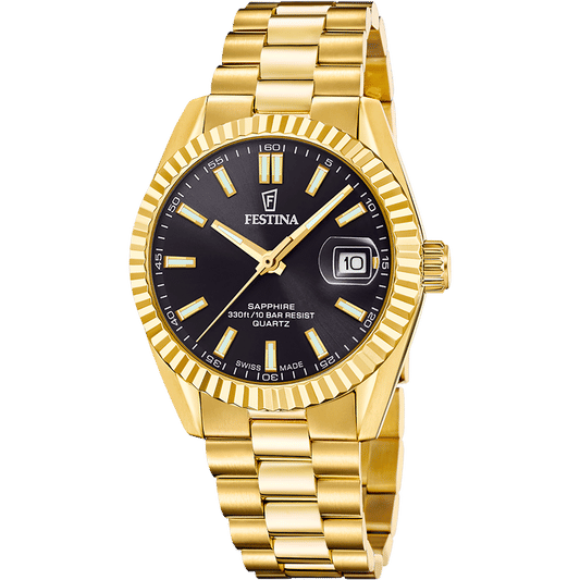 Herrenarmbanduhr: goldfarbenes Metallband, schwarzes Zifferblatt, Datumsfenster bei 10