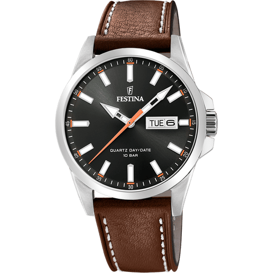 Festina Herrenuhr mit schwarzem Zifferblatt und braunem Echtlederarmband, silbernes Gehäuse