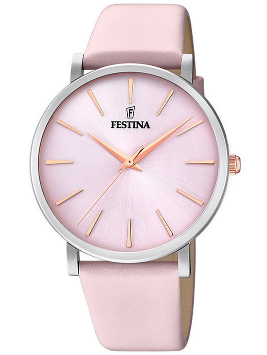 Damenuhr Festina mit rosa Lederarmband, silbernem Gehäuse und roségoldenen Zeigern
