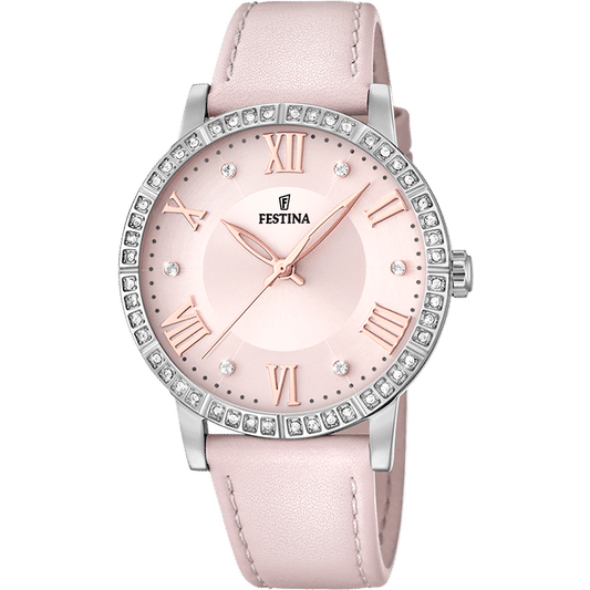 Festina Damenuhr mit rosa Lederarmband, rosafarbenem Zifferblatt und Zirkonia-Lünette
