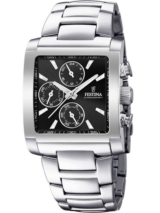 Festina Herrenuhr mit Chronograph, schwarzem Zifferblatt und Edelstahlarmband