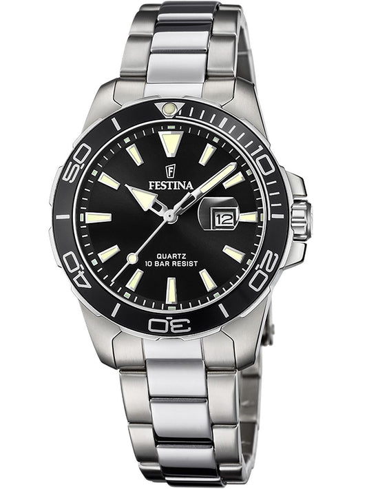 Festina Damenuhr mit schwarzem Zifferblatt, Datumsanzeige und Metallarmband