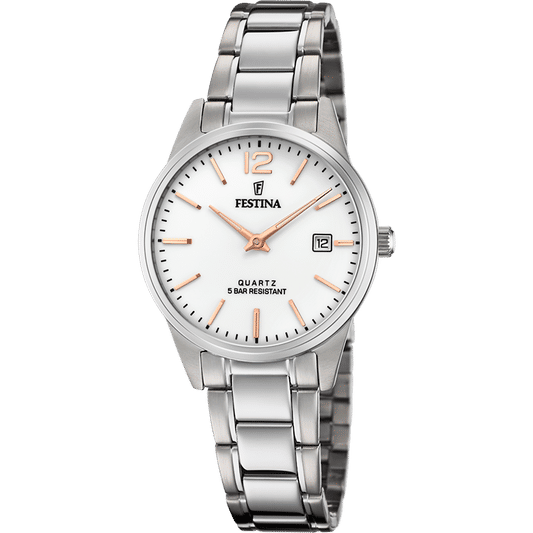 Silberne Damenuhr mit rundem Zifferblatt und Edelstahlarmband, analoge Zeitanzeige
