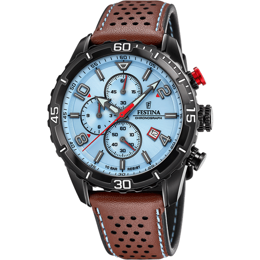 Herrenuhr mit blauem Zifferblatt, Chronograph und braunem perforiertem Lederarmband