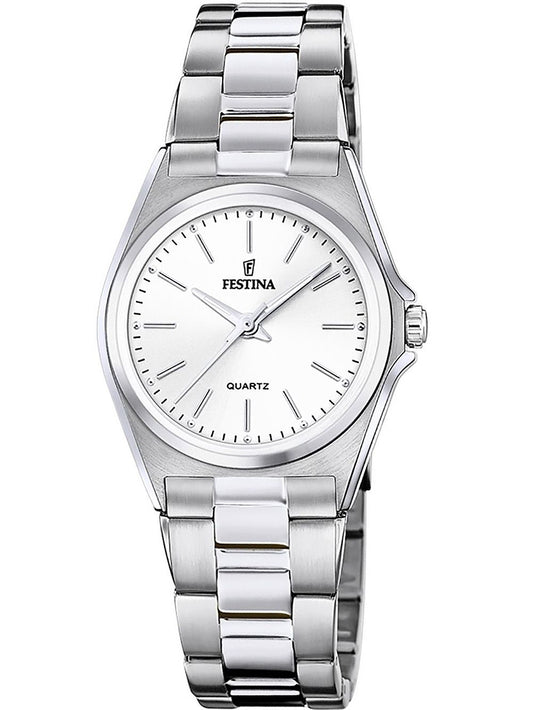 Zegarek damski ze srebrną bransoletą ze stali szlachetnej i białą tarczą, logo Festina, mechanizm kwarcowy
