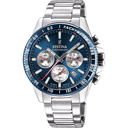 Festina Herren-Chronographuhr mit blauem Zifferblatt, Stahlarmband und Chronographen-Totalisatoren