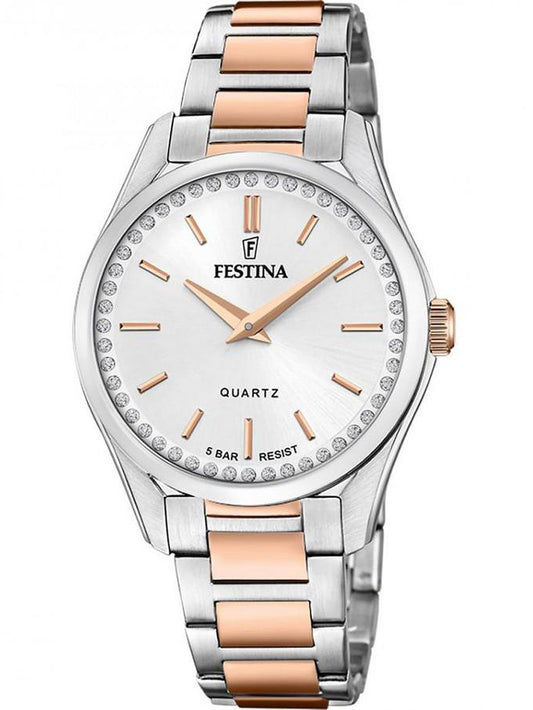 Festina Damenuhr mit silbernem Edelstahlband, roségoldenen Akzenten und weißem Zifferblatt