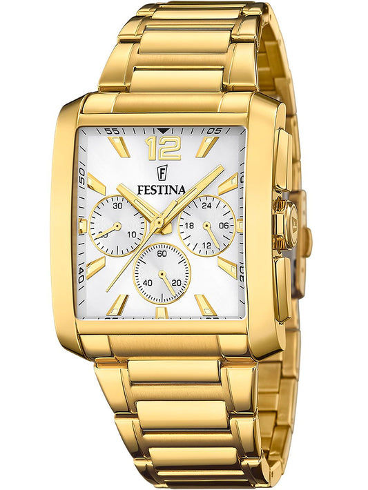 Goldfarbener Herren-Chronograph mit weißem Zifferblatt und drei Hilfszifferblättern