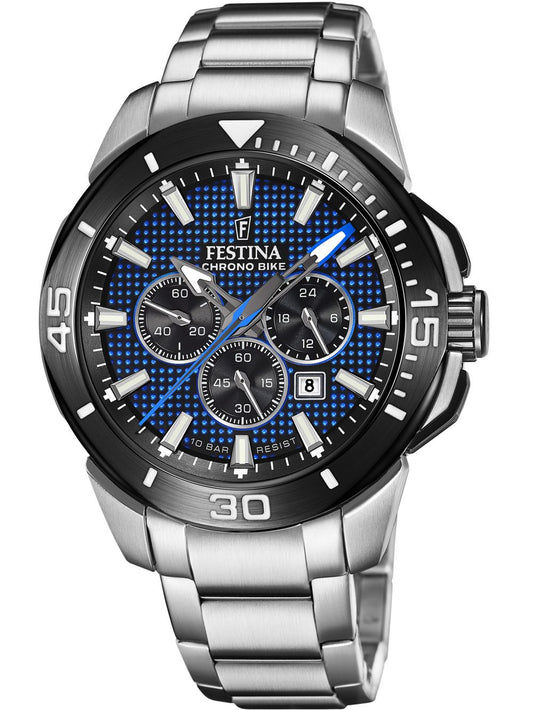 Festina Herren-Chronographenuhr mit blauem Zifferblatt und Edelstahlband