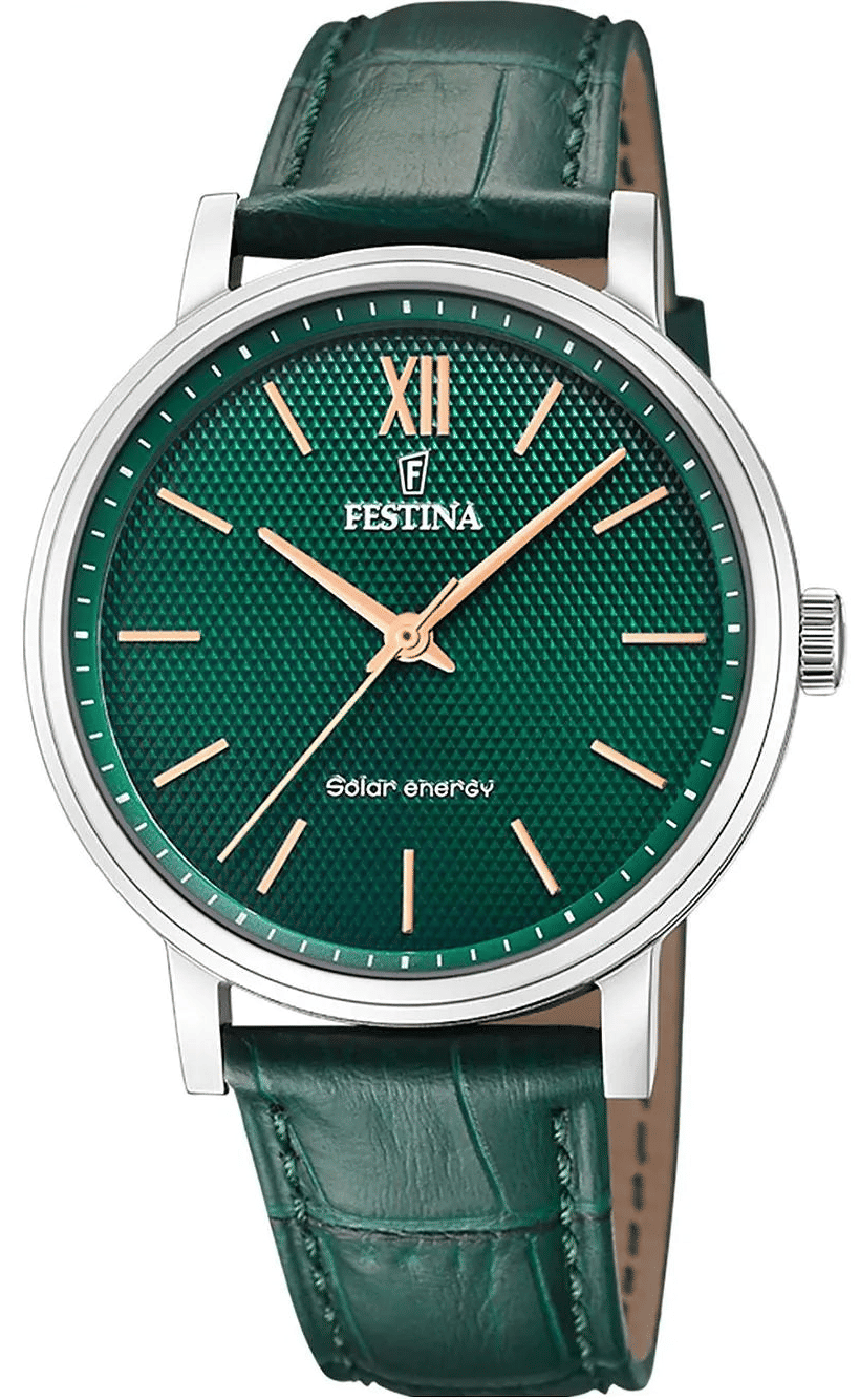 Festina herrklocka med grönt läderarmband och grön urtavla, romerska siffror