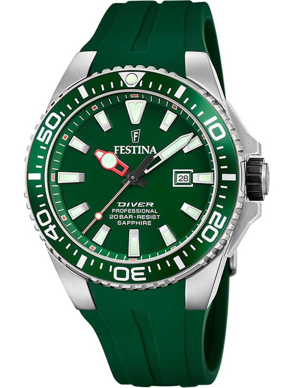 Festina Professional Diver F20664/2 Herrenuhr Grün • Quarzwerk 20 ATM • Day-Date