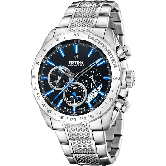 Festina Herrenuhr Chronograph mit blauem Zifferblatt, Tachymeter-Lünette und Stahlband