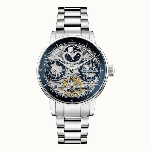 Ingersoll Herrenuhr mit silbernem Metallarmband, blauem Ziffernring und Mondphase