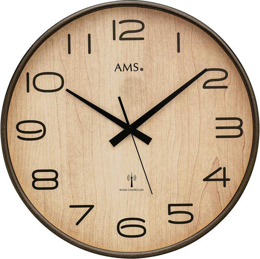 AMS Wanduhr 40x40x5 cm Holz • Moderne Funktechnik • Klares Zifferblatt