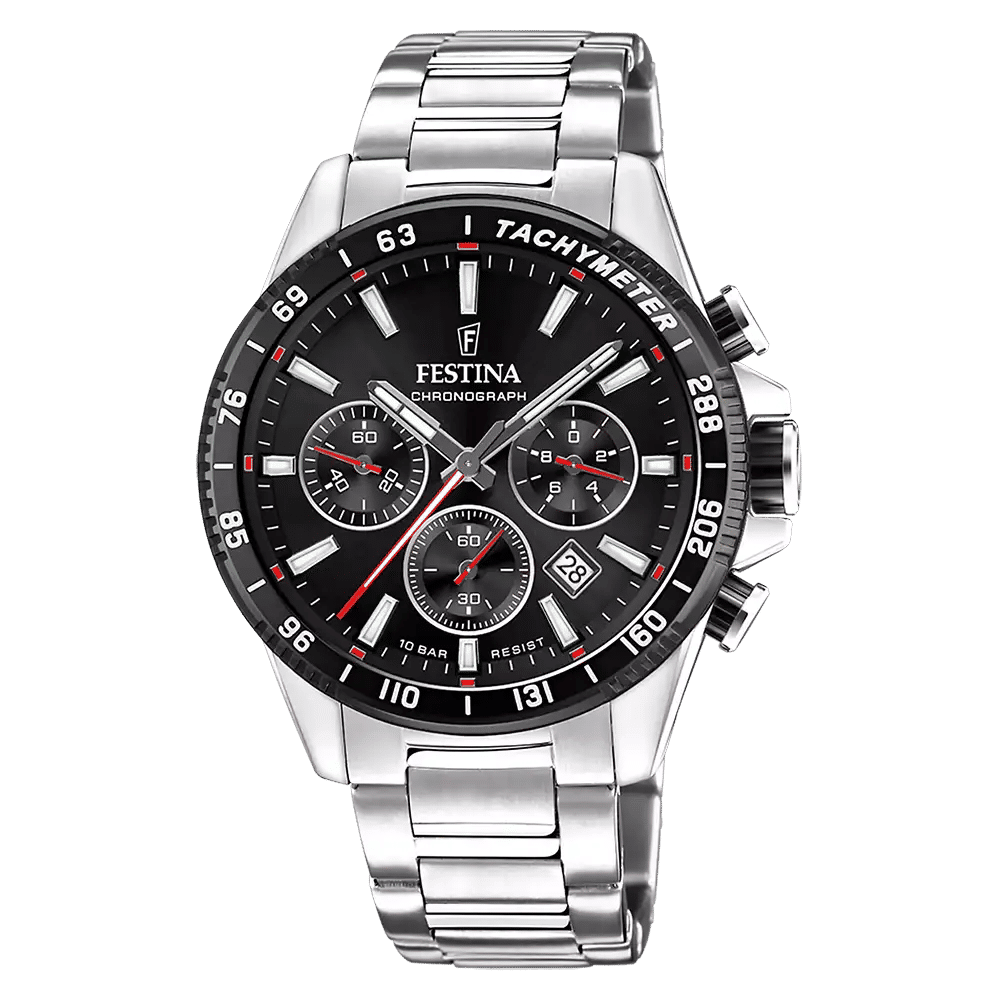 Festina Chronograph Herrenuhr mit schwarzem Zifferblatt, Metallarmband und Datumsanzeige